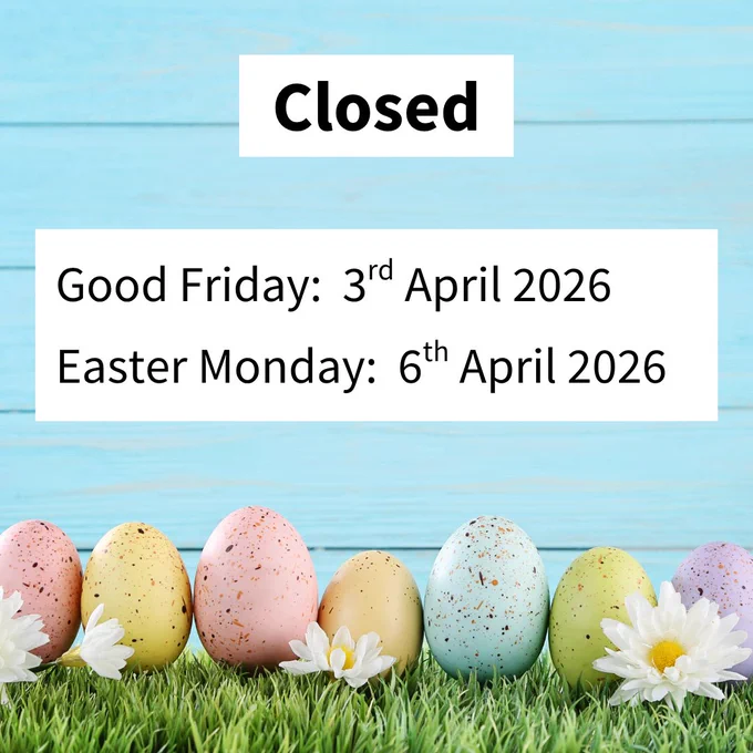 Graphic displaying the days the community hubs will be closed. On the bottom is the image of pastel coloured eggs on grass with white flowers. Above is the text "Closed, Good Friday: 3rd April 2026, Easter Monday: 6th April 2026".