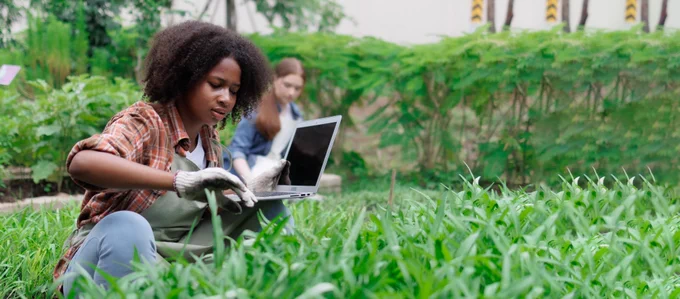 Student working with a laptop in the field. Image courtesy of Adobe Stock. 