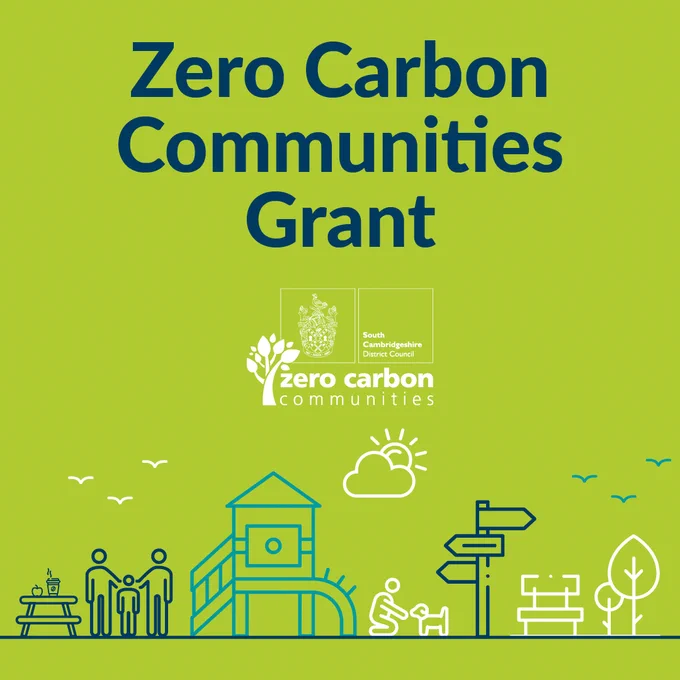 Graphic promoting the Zero Carbon Communities Grant. The text ‘Zero Carbon Communities Grant’ appears on a green background, with the South Cambridgeshire District Council Zero Carbon Communities logo to the right. Along the bottom is a line‑art illustration of community spaces, including a building, trees, picnic table, people, play equipment, signposts and a bench.