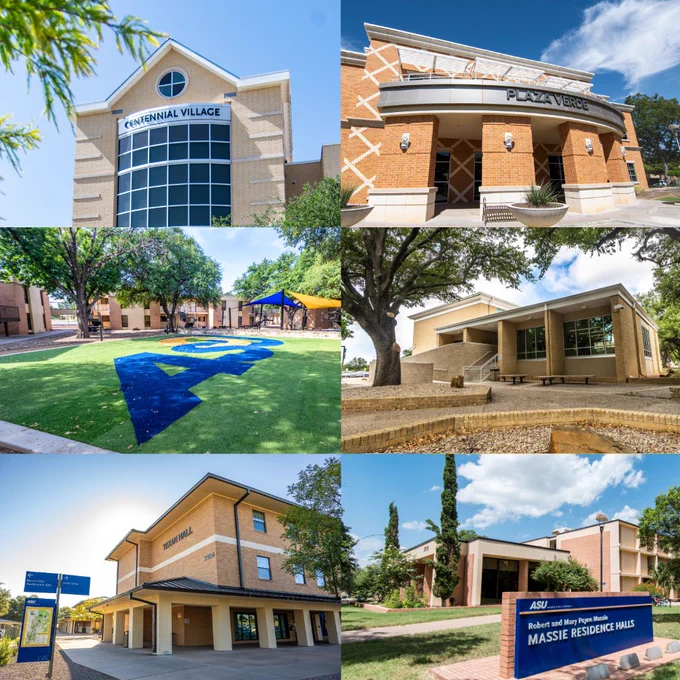 A collage of the Residence Halls offered at Angelo State.