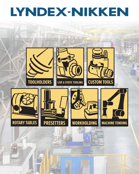 A promotional graphic from Lyndex-Nikken featuring a blurred industrial factory background. In the foreground, seven yellow square icons with black line art represent the company's product lines: Toolholders, Live & Static Tooling, Custom Tools, Rotary Tables, Presetters, Workholding, and Machine Tending. The Lyndex-Nikken logo is centered at the top in bold blue text.
