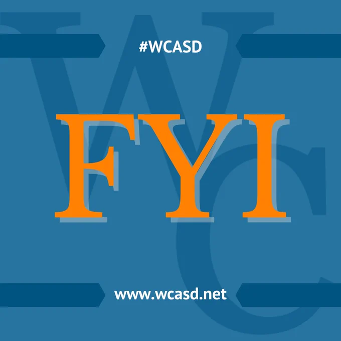 Bold orange FYI letters centered on a blue background with #WCASD hashtag above and www.wcasd.net below.