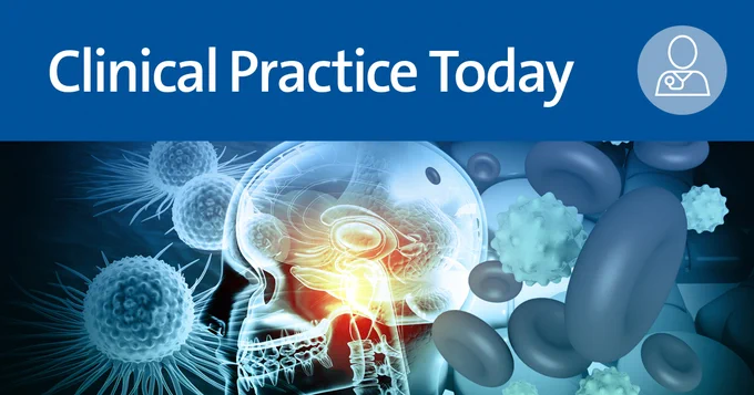 The image features a digital illustration of a human head with a visible brain, surrounded by floating virus particles and blood cells. The text "Clinical Practice Today" is prominently displayed at the top against a blue background. Additionally, there's an icon of a person in the upper right corner.