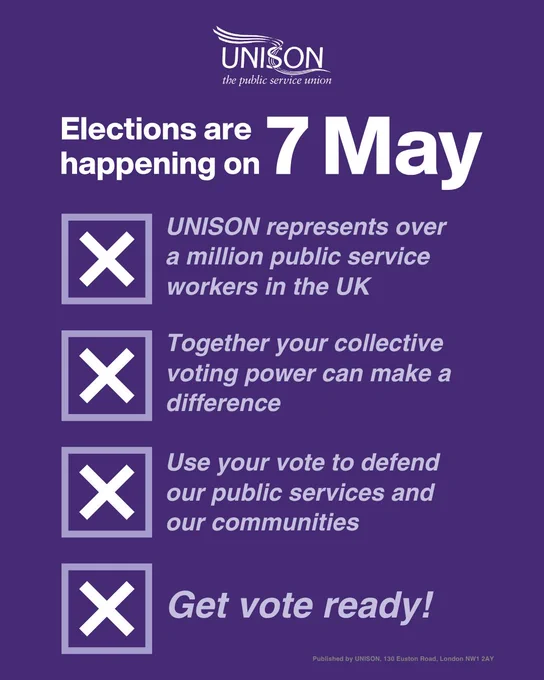 Elections are happening on 7 May. 
UNISON represents over a million public service workers in the UK

Together your collective voting power can make a difference

Use your vote to defend our public services and our communities

Get vote ready!