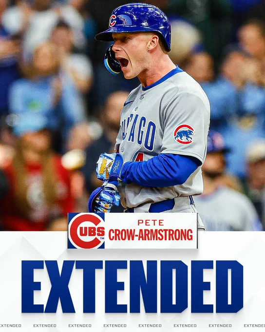 Extended
Pete Crow-Armstrong, Chicago Cubs
Pictured: Pete Crow-Armstrong shouts in celebration on the field. He wears a gray Chicago Cubs jersey with blue and red lettering and a blue Chicago Cubs batting helmet.