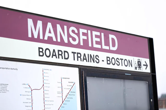 Sign at Mansfield commuter rail station.
