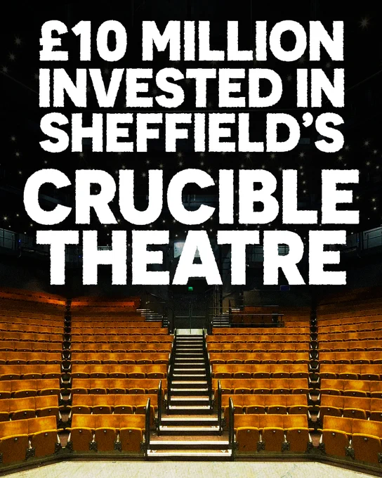 Interior view of Sheffield's Crucible Theatre with empty wooden seats and a central staircase under bold text about a £10 million investment.