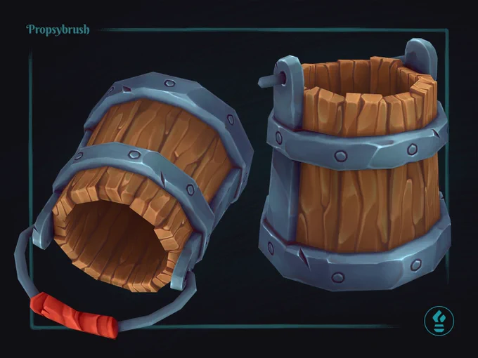 A stylized wooden bucket with metal bands and a handle, on dark background.