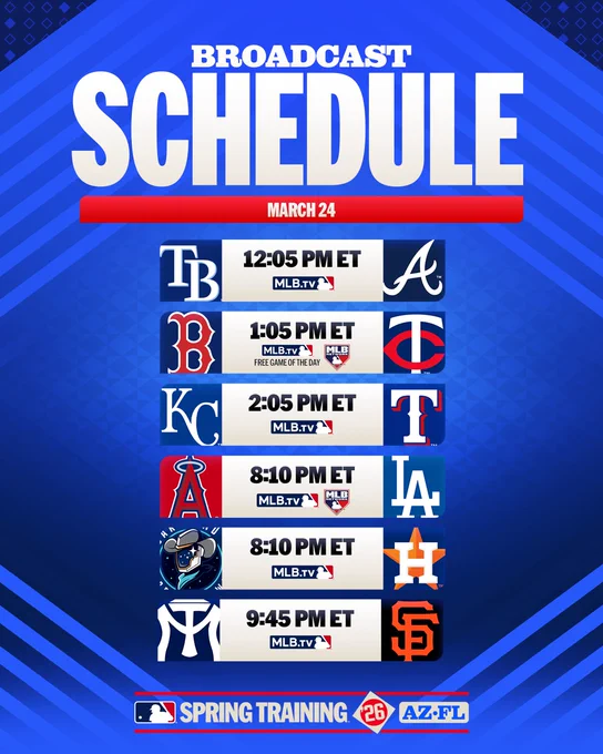 Broadcast Schedule
March 24
All Times ET

Rays vs. Braves: 12:05 pm, MLB.TV
Red Sox vs. Twins: 1:05 pm, MLB.TV Free Game of the Day, MLB Network
Royals vs. Rangers: 2:05 pm, MLB.TV
Angels vs. Dodgers: 8:10 pm, MLB.TV, MLB Network
Space Cowboys vs. Astros: 8:10 pm. MLB.TV
Sultanes vs. Giants: 9:45 pm, MLB.TV