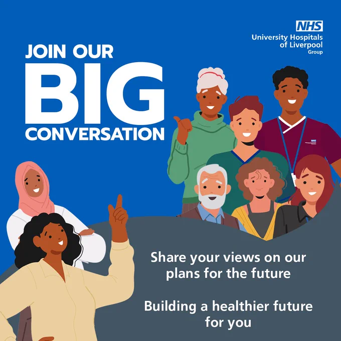 A branded graphic with illustrations of staff and members of our community. It says: Join our Big Conversation. Share your views on our plans for the future. Building a healthier future for you.