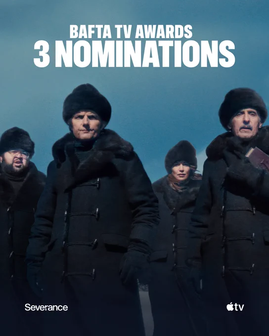 From Severance. Zach Cherry as Dylan, Adam Scott as Mark S., Britt Lower as Helly R., and John Turturro as Irving stand outside in winter attire. Text on the screen reads, “BAFTA TV Awards, 3 Nominations.” The Severance title treatment is on the bottom left, and the Apple TV logo is on the bottom right.