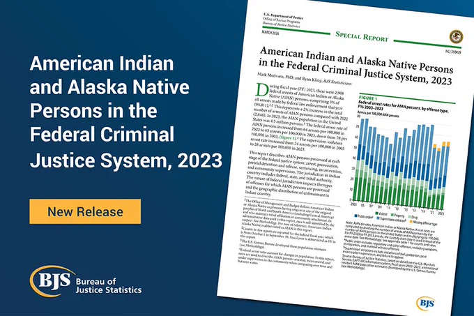 BJS publication card titled, " American Indian and Alaska Native Persons in the Federal Criminal Justice System, 2023" - it includes a "New release" label and shows the report's cover.