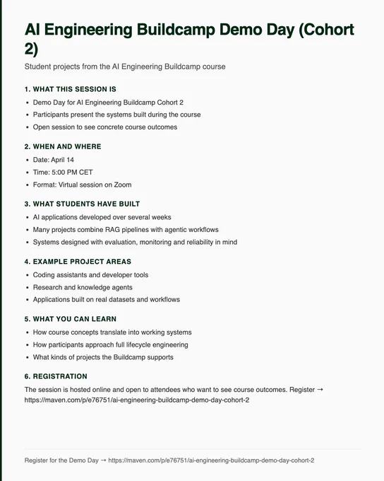 AI Engineering Buildcamp Cohort 2 Demo Day highlights participant projects, scheduled for April 14 at 5 PM CET on Zoom.