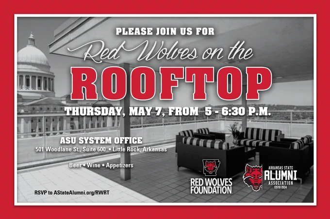 Graphic promoting “Red Wolves on the Rooftop,” a rooftop alumni event on Thursday, May 7, from 5–6:30 p.m. at the ASU System Office in Little Rock, with beer, wine, and appetizers.