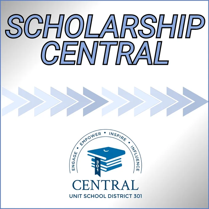 Logo for Scholarship Central of Unit School District 301 featuring a graduation cap and directional arrows.