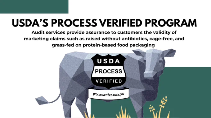 Geometric illustration of a cow next to text about the USDA's Process Verified Program, which assures the validity of marketing claims such as raised without antibiotics, cage-free, and grass-fed on protein-based food packaging. USDA Process Verified shield is visible.