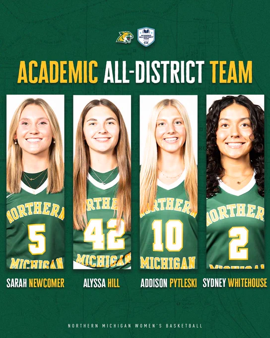 A portrait-oriented graphic titled "ACADEMIC ALL-DISTRICT TEAM" celebrating the honors for Northern Michigan Women's Basketball players Sarah Newcomer, Alyssa Hill, Addison Pytleski, and Sydney Whitehouse. Each player's headshot is framed in a white vertical border above their name and jersey number.