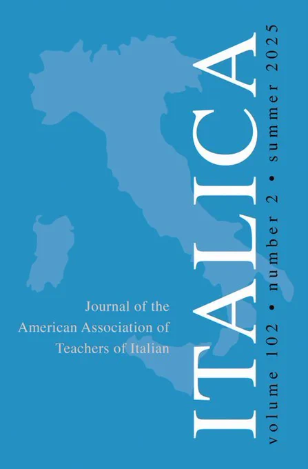 Cover of Italica, Volume 102, Number 2, Summer 2025
Journal of the American Association of Teachers of Italian
Blue background with lighter blue silhouette of the country of Italy.