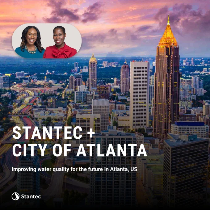 Aerial view of Atlanta skyline at sunset with text about Stantec partnering with the city to improve water quality.