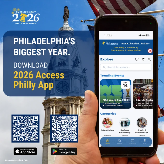 Hand holding phone, showing the new 2026 Access Philly app from the City of Philadelphia.