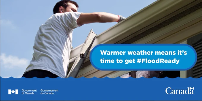 Someone preparing their home against flooding by cleaning gutters in the sunshine. Text: Warmer weather means it's time to get flood ready
