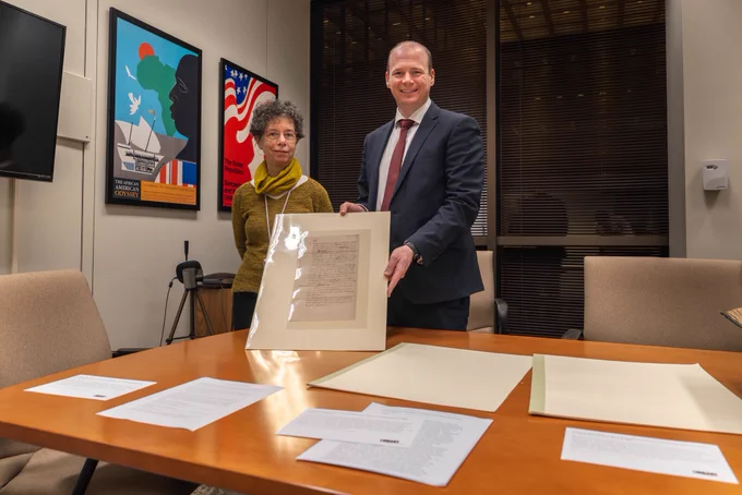 Communities Minister Gordon Lyons pictured at a recent visit to the Library of Congress in Washington, DC with Dr Julie Miller, Curator of Early American Manuscripts at the Library of Congress.