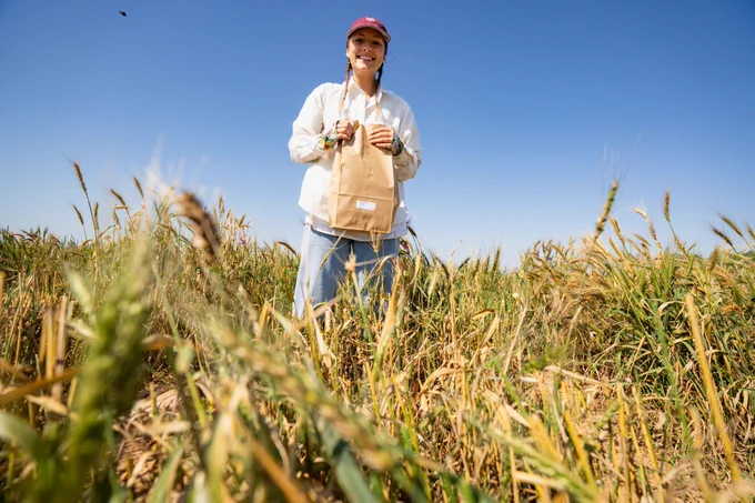 A person stands in a tall wheat field holding a paper bag. The sky is clear and blue, and the person is smiling, wearing a cap and casual clothing.