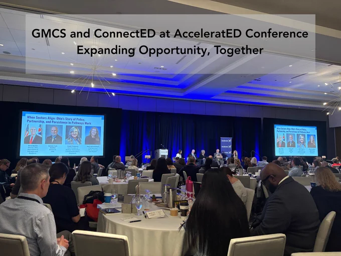 Photo shows AcceleratED Conference. Text reads: "GMCS and ConnectED at AcceleratED Conference: Expanding Opportunity Together"