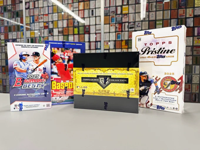 Four boxes of baseball cards:
2025 Topps Gilded
2025 Topps Pristine
2025 Bowman Chrome
2026 Topps Heritage