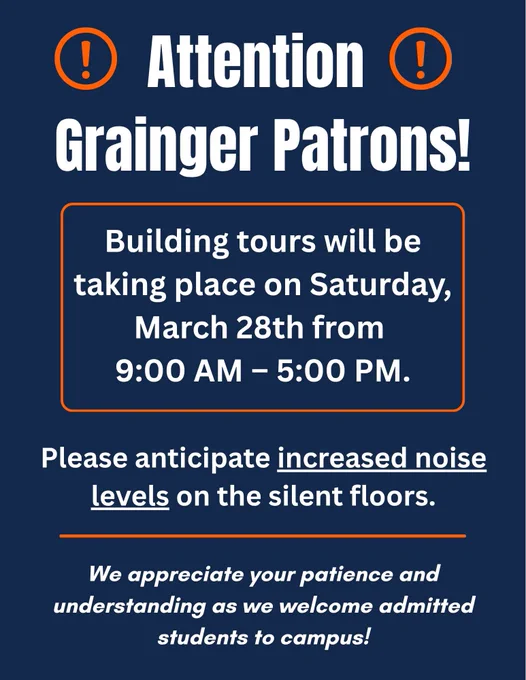 Building tours will take place this Saturday 3/28, from 9 AM - 5 PM for newly admitted students. Please anticipate increased noise levels on the silent floors as groups pass through the building. We appreciate your patience and understanding as we welcome admitted students to campus! 

