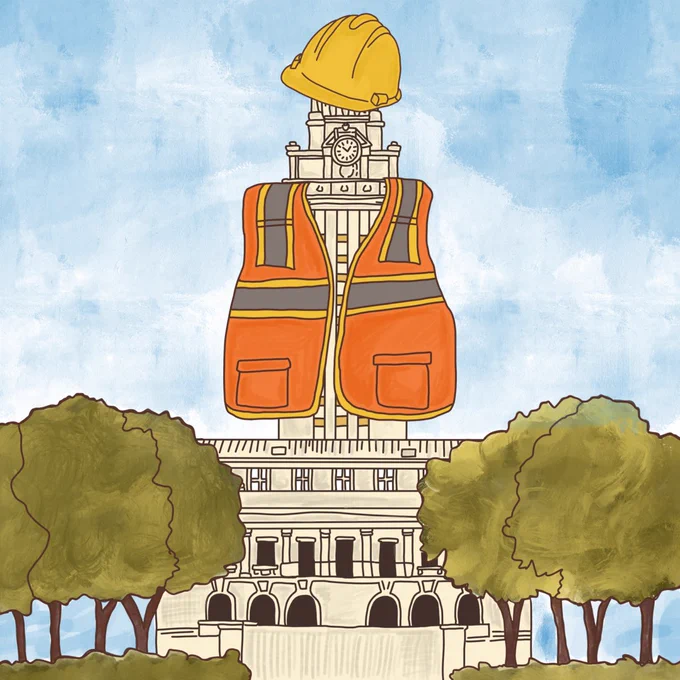 The illustration features a hard hat and construction vest hanging over the UT tower. Illustration by Nhuy Nguyen.