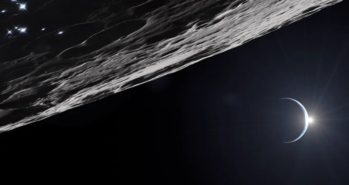 An artist's concept of the lunar surface, depicting the Moon in the top-left corner and a crescent Earth with the Sun shining behind it. Credit: NASA