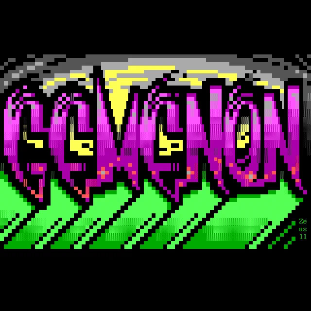 A rather pointy purple Gemenon logo floats prickly in a yellow miasma, casting diagonal green shadows below as its sharp angles on every letter but the O (it is hard to make an O pointy) cut trails in the haze.