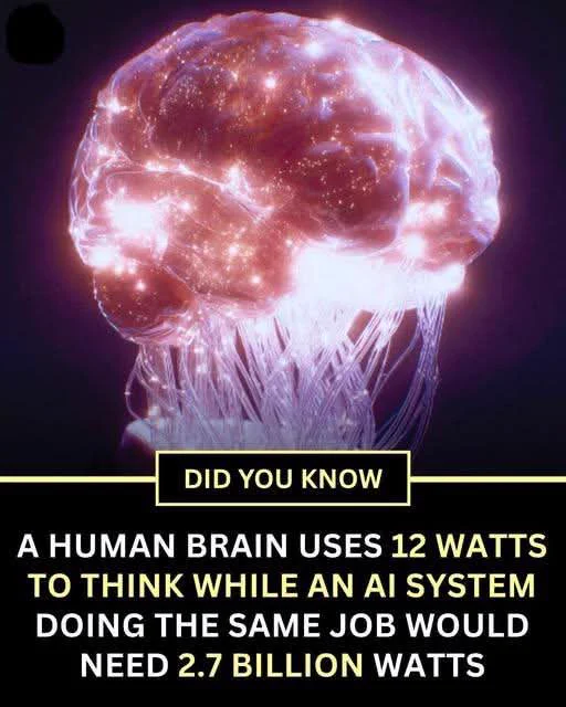 🚨 Your brain is running on just 12 watts right now while processing this sentence. An AI system would need 2.7 billion watts to do the same thing.

That's not a typo. The human brain operates on roughly the same amount of power as a dim light bulb, yet it can recognize faces, solve complex problems, create art, and experience emotions simultaneously. Meanwhile, artificial intelligence systems require massive data centers consuming enough electricity to power entire cities just to simulate a fraction of what your brain does effortlessly.

Think about what your brain accomplished just reading this far. It decoded symbols into meaning, connected new information to existing memories, probably triggered some emotional responses, and maybe even started forming opinions about AI energy consumption. All while maintaining your heartbeat, breathing, and thousands of other bodily functions. Total power consumption: 12 watts.