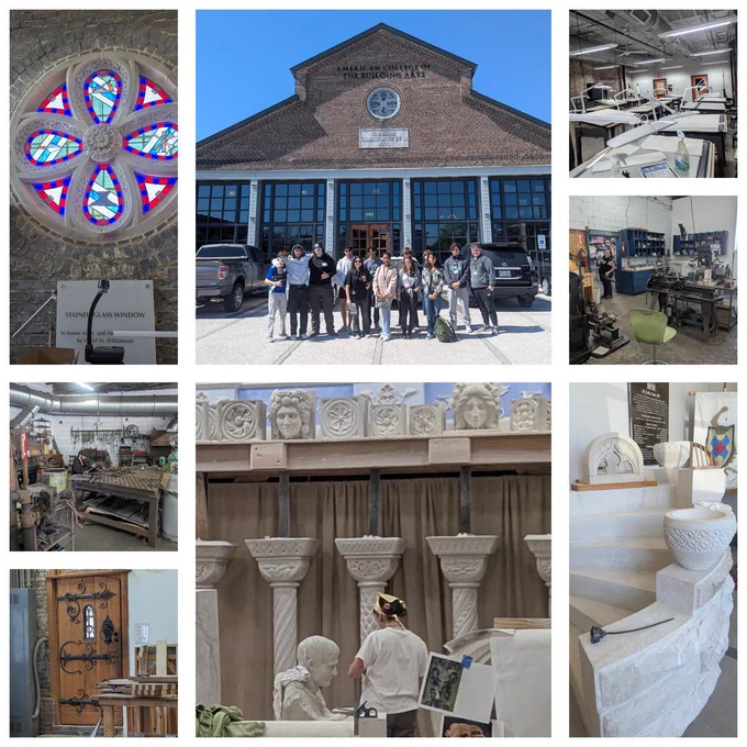 A collage of images showcasing the American College of the Building Arts. It features a group of students in front of a historic brick building, various artisan workshops including a blacksmith forge and a stone carving studio, and finished architectural details like a stained glass rose window, ornate stone columns, and a decorative wooden door.