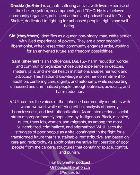 dark purple background with white font describing each speaker's bio and more information on Unhoused Voices 4 Liberation.