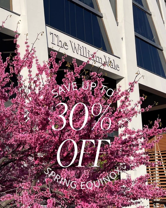 Pink blossoms bloom in front of The William Vale.