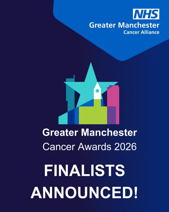 A dark blue tile with the NHS Greater Manchester Cancer Alliance logo top right. In the centre is the Greater Manchester Cancer Awards 2026 logo - a brightly coloured graphic of the Manchester skyline with a star behind it. The copy reads "Finalists Announced"