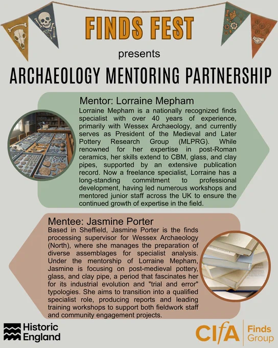 An infographic titled "FINDS FEST presents ARCHAEOLOGY MENTORING PARTNERSHIP" on a neutral grey background with archaeological bunting. The top green section features Mentor Lorraine Mepham, a nationally recognized finds specialist with 40 years of experience and President of the Medieval and Later Pottery Research Group (MLPRG). The bottom orange section features Mentee Jasmine Porter, a finds processing supervisor at Wessex Archaeology (North). The text details their partnership focus on post-medieval pottery, glass, and clay pipes. The graphic includes circular insets of a finds lab and a stack of books, with the logos for Historic England and the CIfA Finds Group at the bottom.