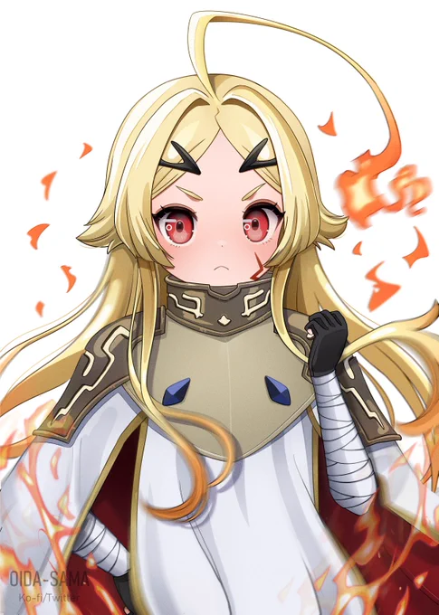 Blonde anime girl with red eyes in light armor and a white and red cloak pouts angrily as small flames swirl around her.