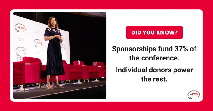 An individual is speaking on stage at a conference with several empty red chairs nearby. A slide displays the "AFTD" logo. A text box reads, "Did you know? Sponsorships fund 37% of the conference. Individual donors power the rest."