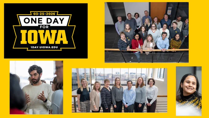 One Day for Iowa logo;
Groups of people posing for a photo