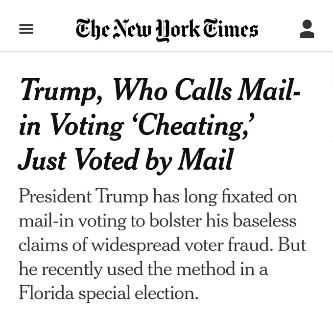 New York Times article headline stating: "Trump, Who Calls Mail-in Voting 'Cheating,' Just Voted by Mail." The subheading explains that President Trump, known for claims of voter fraud, recently voted by mail in a Florida election.