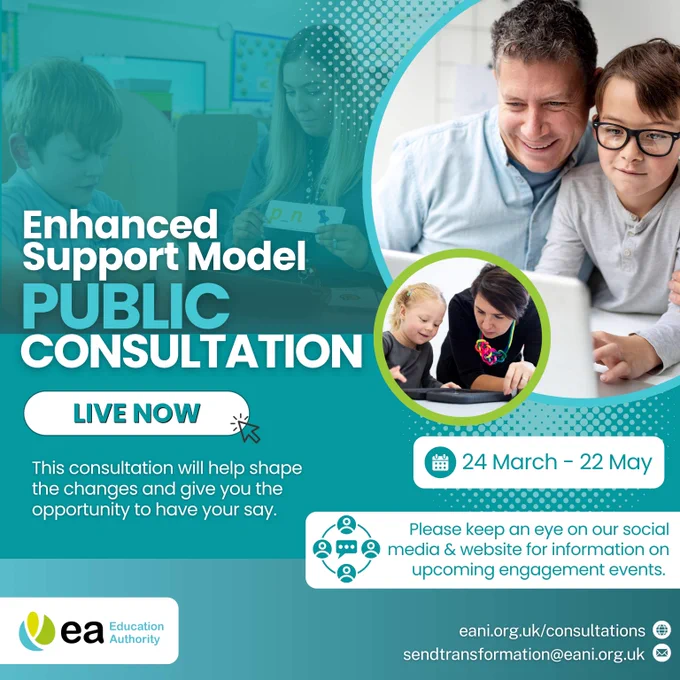 Public consultation announcement for Enhanced Support Model running from 24 March to 22 May with families engaging in discussion and online participation.