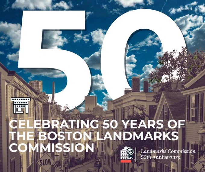 A graphic announcing the 50th anniversary of the Boston Landmarks Commission. 