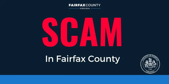Bold red text reading 'SCAM' with 'In Fairfax County' below on a dark background, featuring Fairfax County Virginia logo.