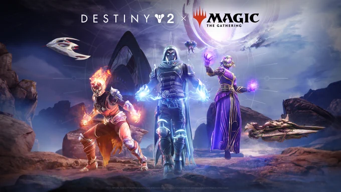 Promotional key art for a Destiny 2 and Magic: The Gathering crossover. On the left, a fiery figure in red and gold armor is wreathed in bright orange flames, with fire streaming from their head and arms as they charge forward. In the center, a hooded figure in sleek blue and silver armor walks with a commanding stance, hands outstretched and surrounded by crackling blue lightning that arcs across their body. On the right, a robed figure in ornate purple and gold garments hovers slightly above the ground, one hand raised as swirling purple energy and glowing sigils gather around them. Behind them, tall, curved black structures and a massive white celestial sphere dominate the horizon, bathing the scene in cool, ethereal light. At the top of the image, the white DESTINY 2 logo appears on the left and the red Planeswalker symbol with the MAGIC: THE GATHERING logo appears on the right.