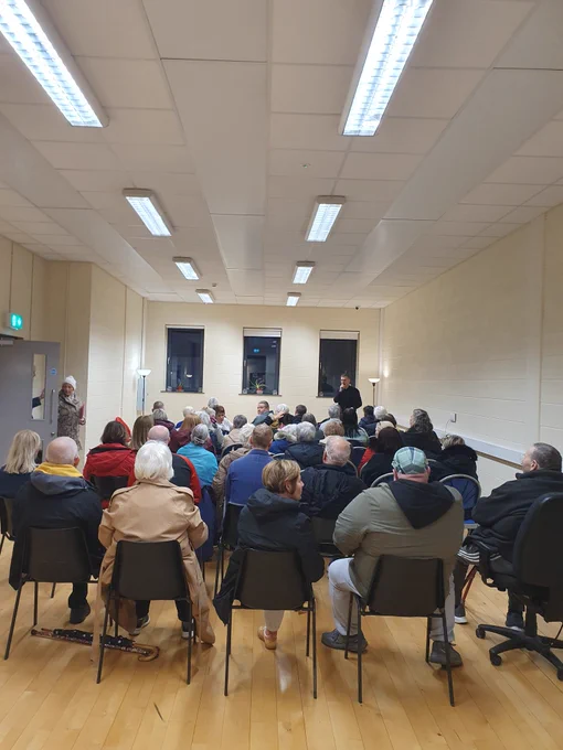 View from The Derry News (@DerryNow) office tonight, at the CRAM public meeting in Brooke Park to discuss the proposal for the refurbished Rosemount Factory to contain 100-bed student accomodation.