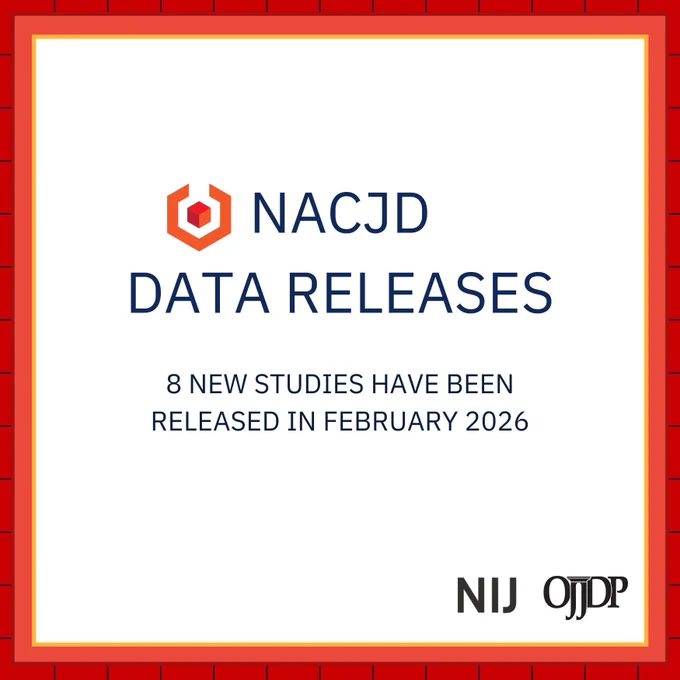 The N.A.C.J.D. logo appears at the top of the image with text that reads: "N.A.C.J.D.
Data Releases. 8 new studies have been released this February." At the bottom of the image appear the N.I.J., and O.J.J.D.P. logos.