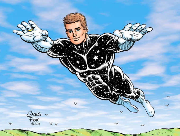 Star Boy of the Legion of Super-Heroes, wearing his "star field" costume, floating in the air on a bright, blue-sky day! 